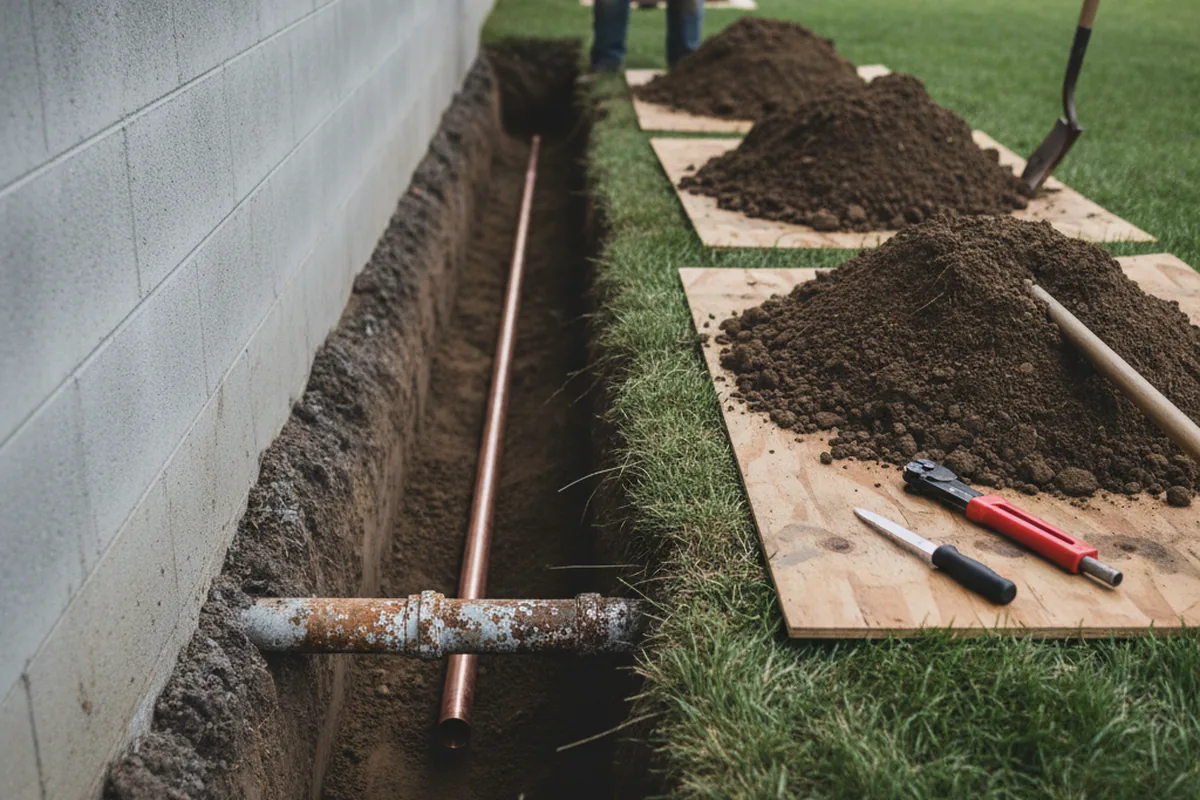 Excavated water line trench during Sewer Line Repair in Kirkwood